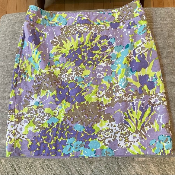 Talbots Lavender Green Aqua Floral Cotton Spandex Lined Zip Mini Skirt Summer - Picture 2 of 10